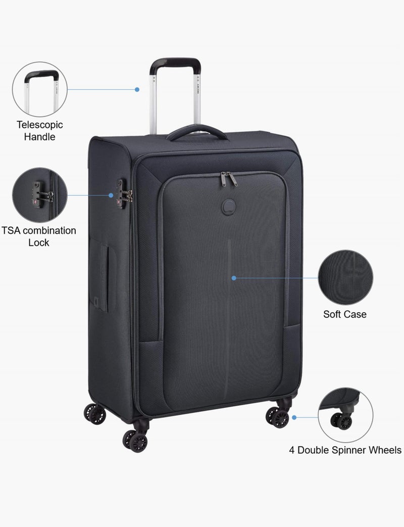 DELSEY PARIS Caracas 82 Cm Large 4-Double Wheeled Softcase Expandable Check-In Luggage Trolley - Black - Image 3
